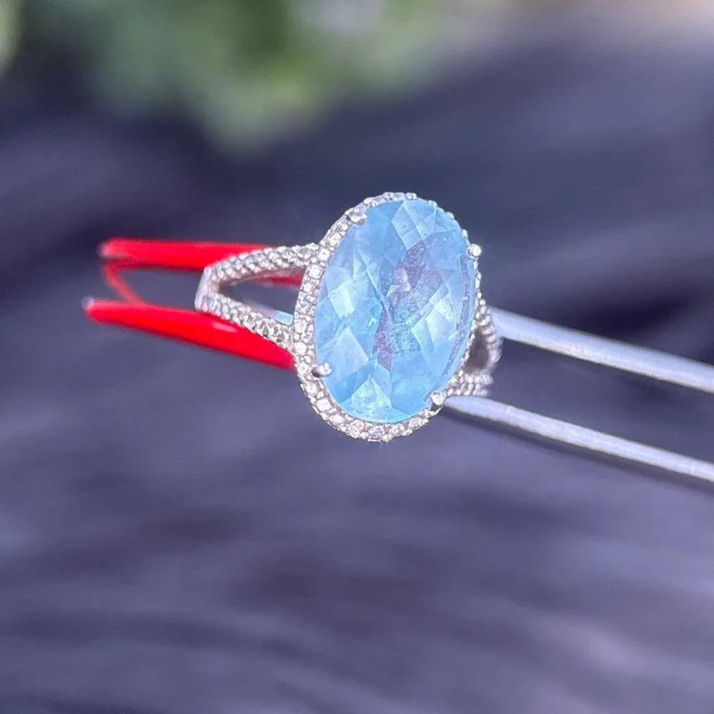Blue Stone Surrounded With CZ’s Silver 925‎ Ring